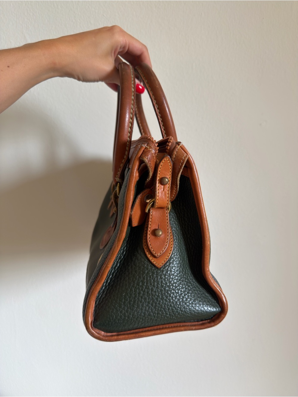 Dooney & Burke Vintage Leather-Trim Top-Handle Bag in Dark Green and Brown - Picture 2 of 7